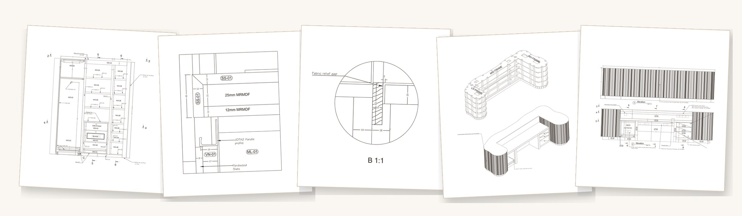 Excerpts from Stick Design joinery drawings: wardrobe elevation, worktop and handle detail, joint detail at 1:1, curved reception desk 3D and elevation